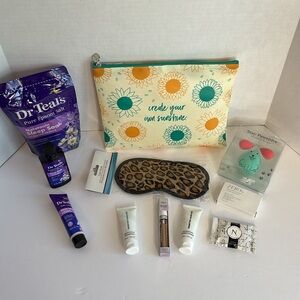 COSMETIC BAG, DR. TEAL’S ITEMS, SLEEP MASK, MAKEUP SPONGES, EYE SHADOW &…